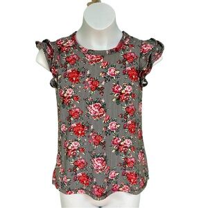 1st Kiss Girls Black & White Striped Ruffle Sleeve Rose Print Top Girls Size 7